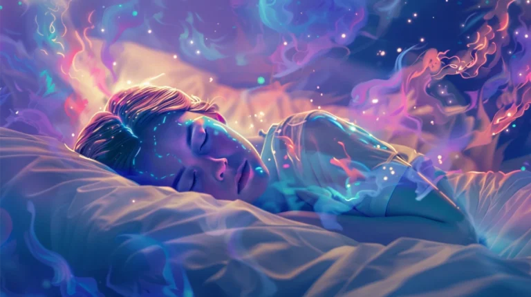 Person sleeping peacefully with glowing brain waves radiating